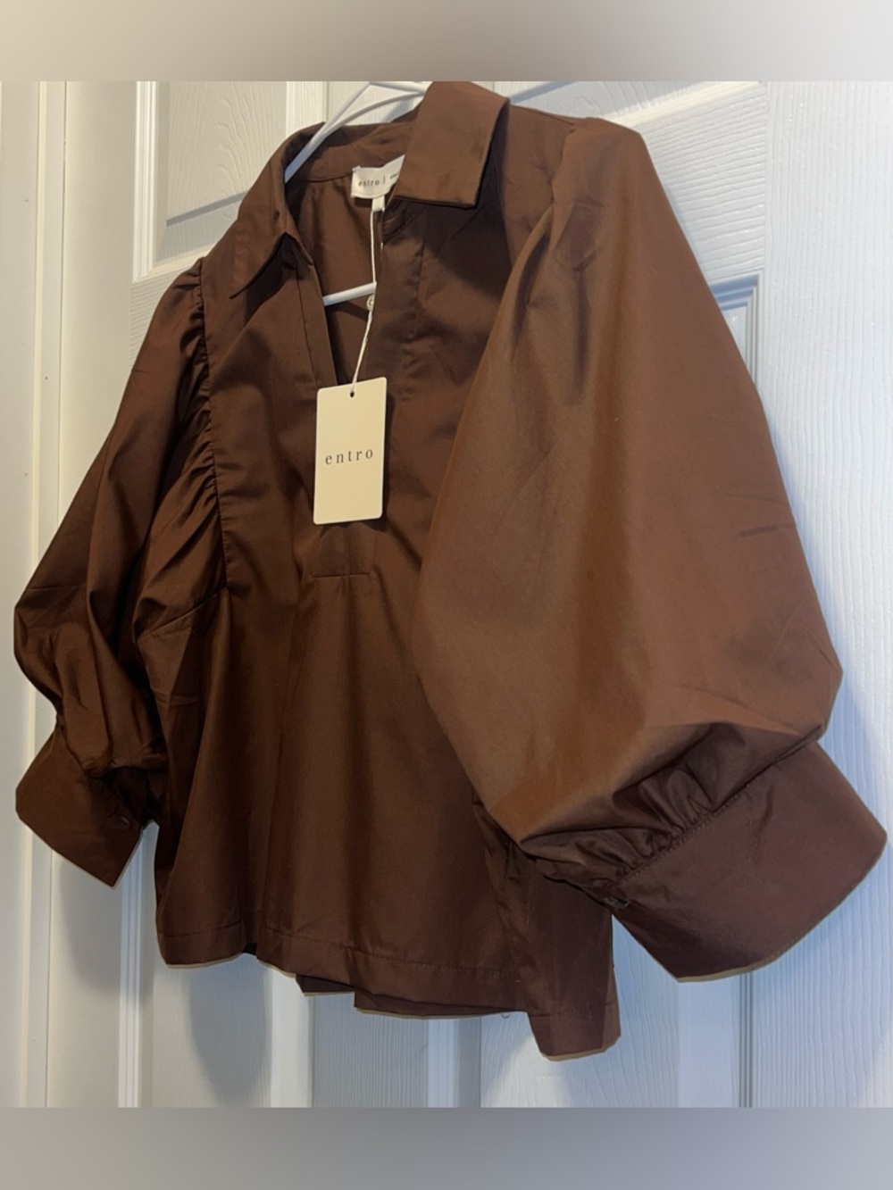 Small Entro Chocolate Brown Puff-Sleeve Cotton Blouse - Picture 4 of 7